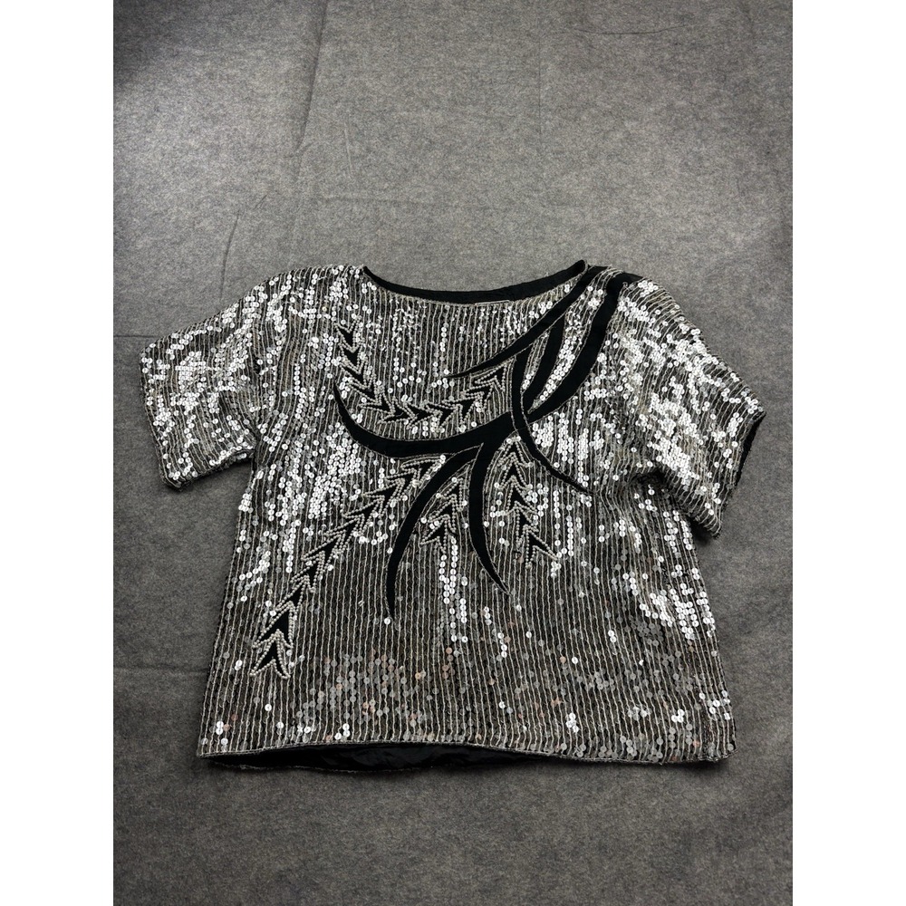 J. L. B. Women's L VTG Silver Sequined 100% Pure Silk Blouse Glitzy Bling 80s
